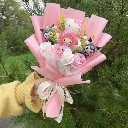 Kawaii Hello Kitty Cat Dolls with Artificial Flowers Creative Bouquet Christmas Valentine Birthday Graduation Gifts