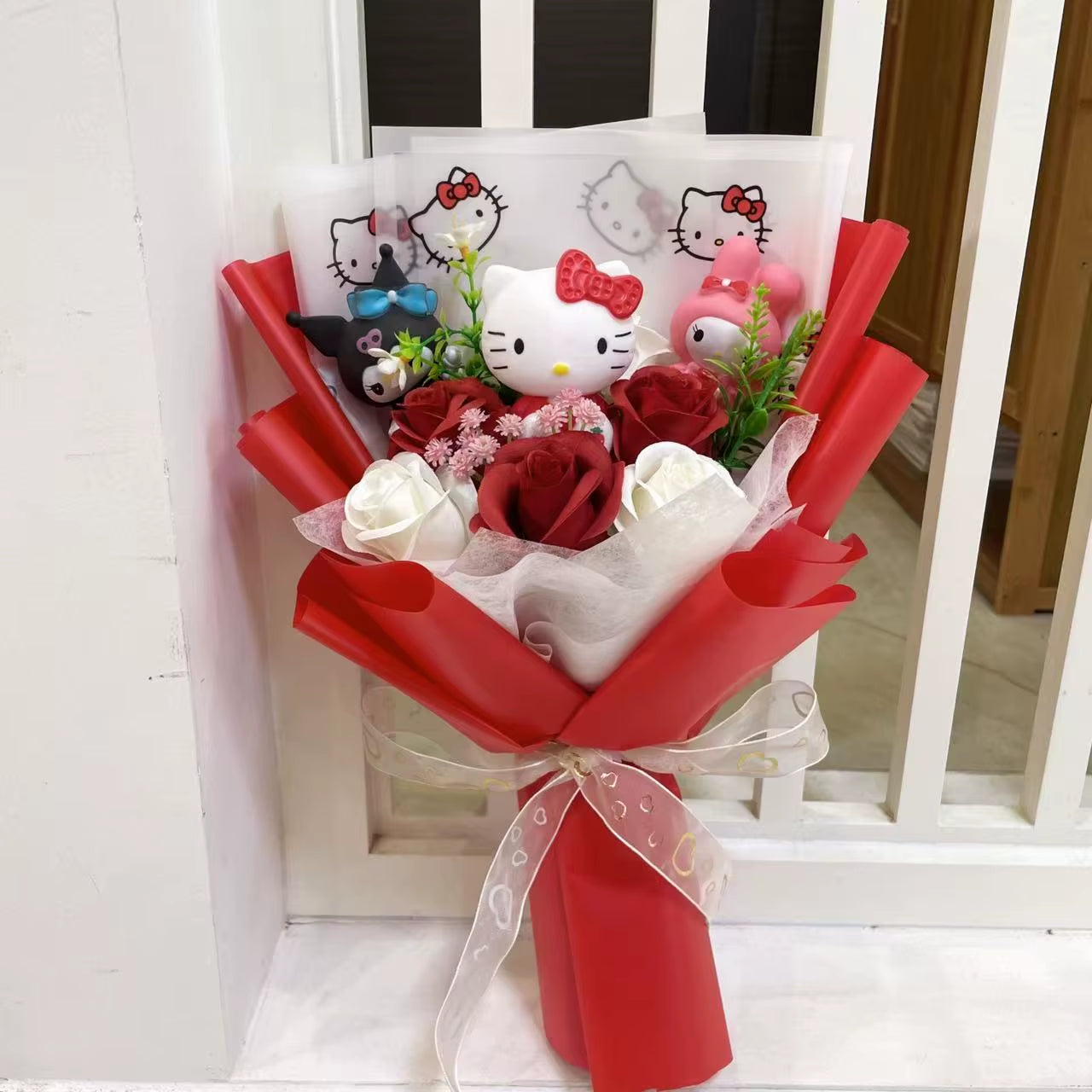 Kawaii Hello Kitty Cat Dolls with Artificial Flowers Creative Bouquet Christmas Valentine Birthday Graduation Gifts