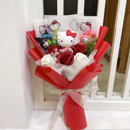 Kawaii Hello Kitty Cat Dolls with Artificial Flowers Creative Bouquet Christmas Valentine Birthday Graduation Gifts