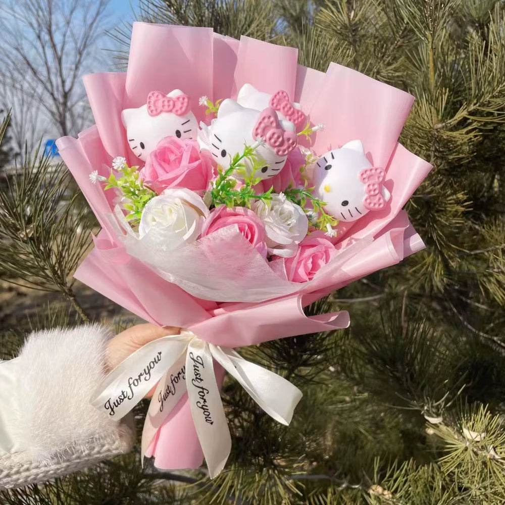 Kawaii Hello Kitty Cat Dolls with Artificial Flowers Creative Bouquet Christmas Valentine Birthday Graduation Gifts