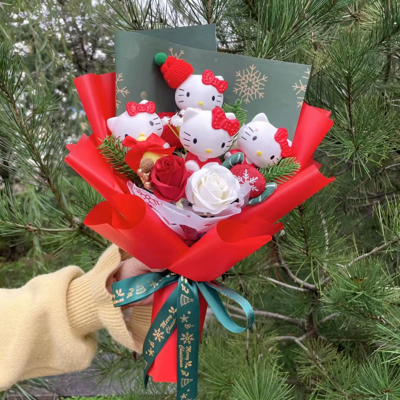 Kawaii Hello Kitty Cat Dolls with Artificial Flowers Creative Bouquet Christmas Valentine Birthday Graduation Gifts