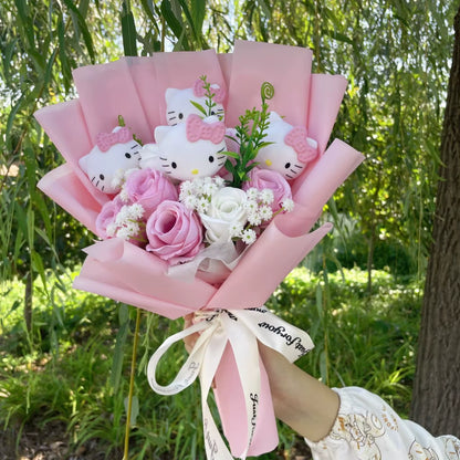Kawaii Hello Kitty Cat Dolls with Artificial Flowers Creative Bouquet Christmas Valentine Birthday Graduation Gifts
